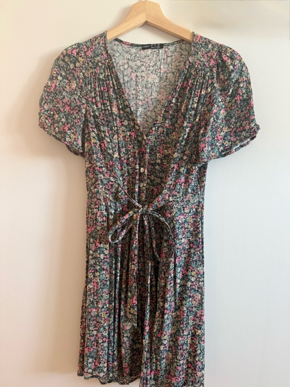 Tie-Waist Floral Mini Dress in Green and Pink